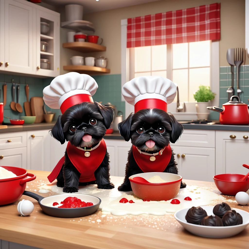 2 Adorable small black Shih Tzu puppies wearing red collars and aprons playing, baking making a food mess in Disney kitchen 3d cartoon, 3d render, disney pixar style