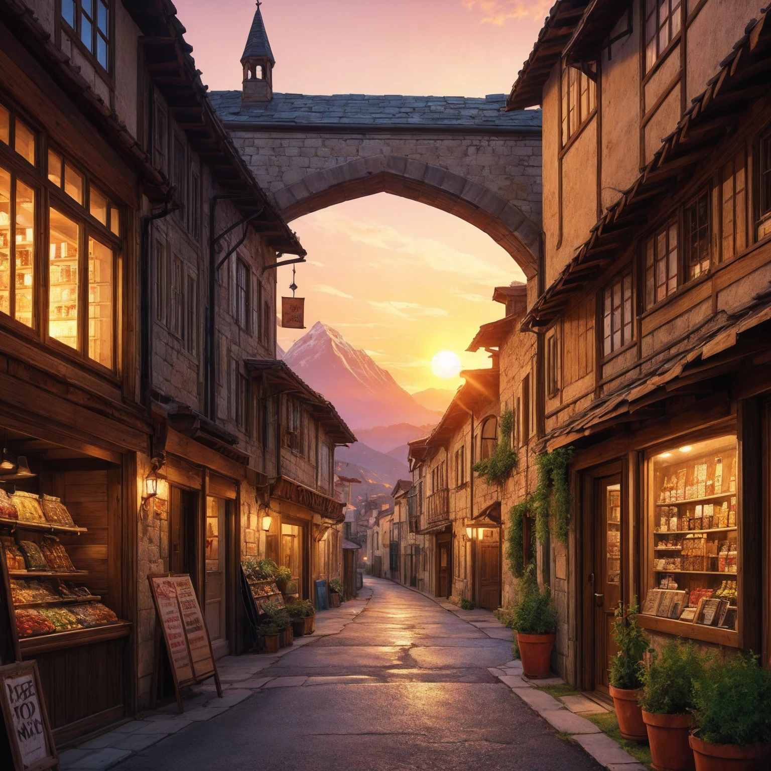 anime background, anime wallpaper, anime, anime style, lofi, lofi style, medieval street, mountains, uphill, medieval architecture, medieval convenience store, big retro medieval shop signs, retro medieval store, trees, plants, rocks, plant pots, shop signs, medieval banners like (guild, blacksmith, alchemist, restaurant), medieval signs, flags, sunrise, golden hour, golden lighting, empty street, no one in sight (no one: 1)