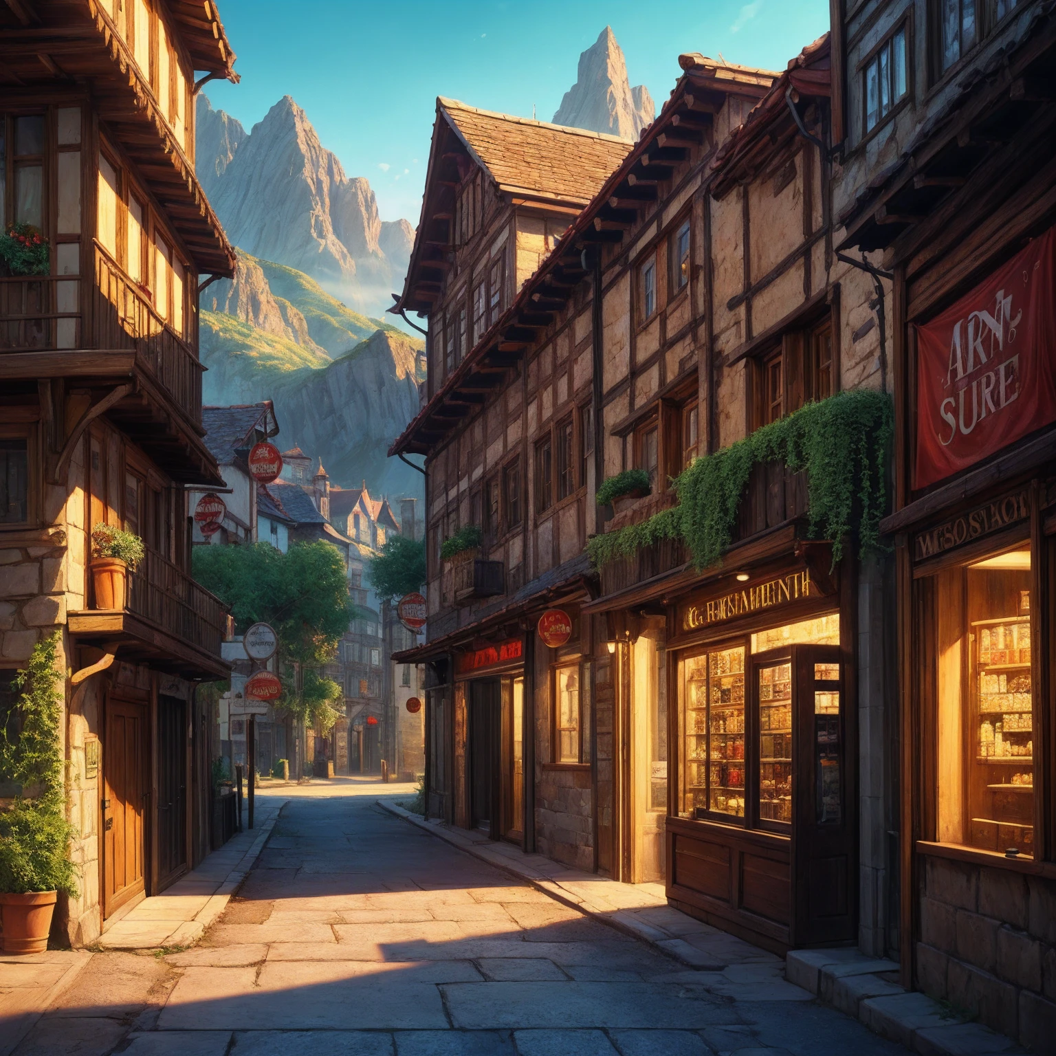 anime background, anime wallpaper, anime, anime style, lofi, lofi style, medieval street, mountains, uphill, medieval architecture, medieval convenience store, big retro medieval shop signs, retro medieval store, trees, plants, rocks, plant pots, shop signs, medieval banners like (guild, blacksmith, alchemist, restaurant), medieval signs, flags, sunrise, golden hour, golden lighting, empty street, no one in sight (no one: 1)
