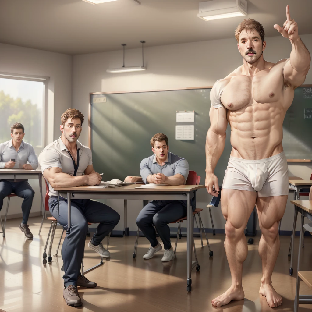 muscular 40 year old male professor, wearing only white underwear in front of a classroom full of students looking and pointing at him, embarrassed, big bulge, exhibitionist situation, hyper-realistic, high quality, cinematic lighting, dramatic pose, intricate details, photorealistic, 8k, masterpiece, award winning photograph