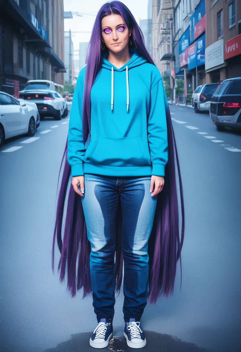 (masterpiece:1.37), best quality, (extremely detailed:1.37) woman, (adult:1.5), (very long hair:1.5), dark purple hair, purple eyes, (extremely detailed eyes:1.37), breasts, hoodie, jeans, (wetting:2.0), standing straight, full body day, daytime, glow, facing viewer, perfect composition, full body, city, street