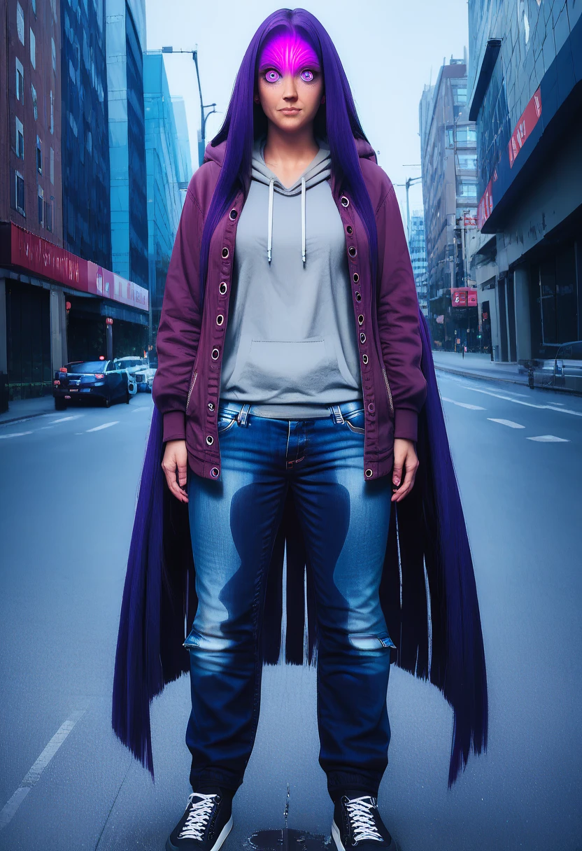 (masterpiece:1.37), best quality, (extremely detailed:1.37) woman, (adult:1.5), (very long hair:1.5), dark purple hair, purple eyes, (extremely detailed eyes:1.37), breasts, hoodie, jeans, (wetting:2.0), standing straight, full body day, daytime, glow, facing viewer, perfect composition, full body, city, street