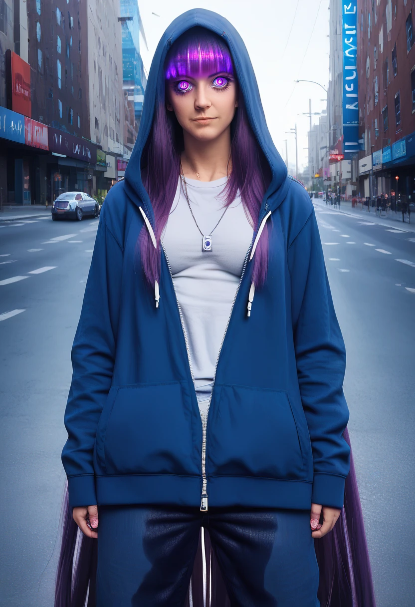 (masterpiece:1.37), best quality, (extremely detailed:1.37) woman, (adult:1.5), (very long hair:1.5), dark purple hair, purple eyes, (extremely detailed eyes:1.37), breasts, hoodie, jeans, (wetting:2.0), standing straight, full body day, daytime, glow, facing viewer, perfect composition, full body, city, street