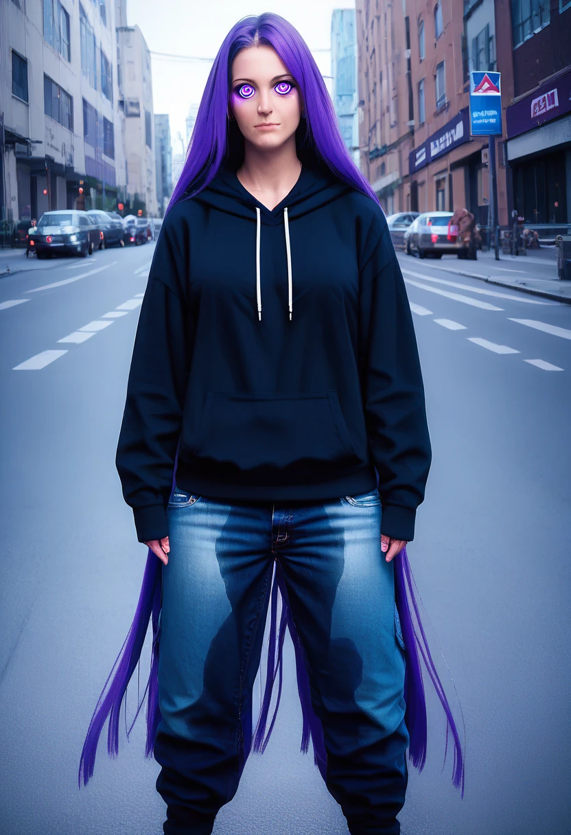 (masterpiece:1.37), best quality, (extremely detailed:1.37) woman, (adult:1.5), (very long hair:1.5), dark purple hair, purple eyes, (extremely detailed eyes:1.37), breasts, hoodie, jeans, (wetting:2.0), standing straight, full body day, daytime, glow, facing viewer, perfect composition, full body, city, street