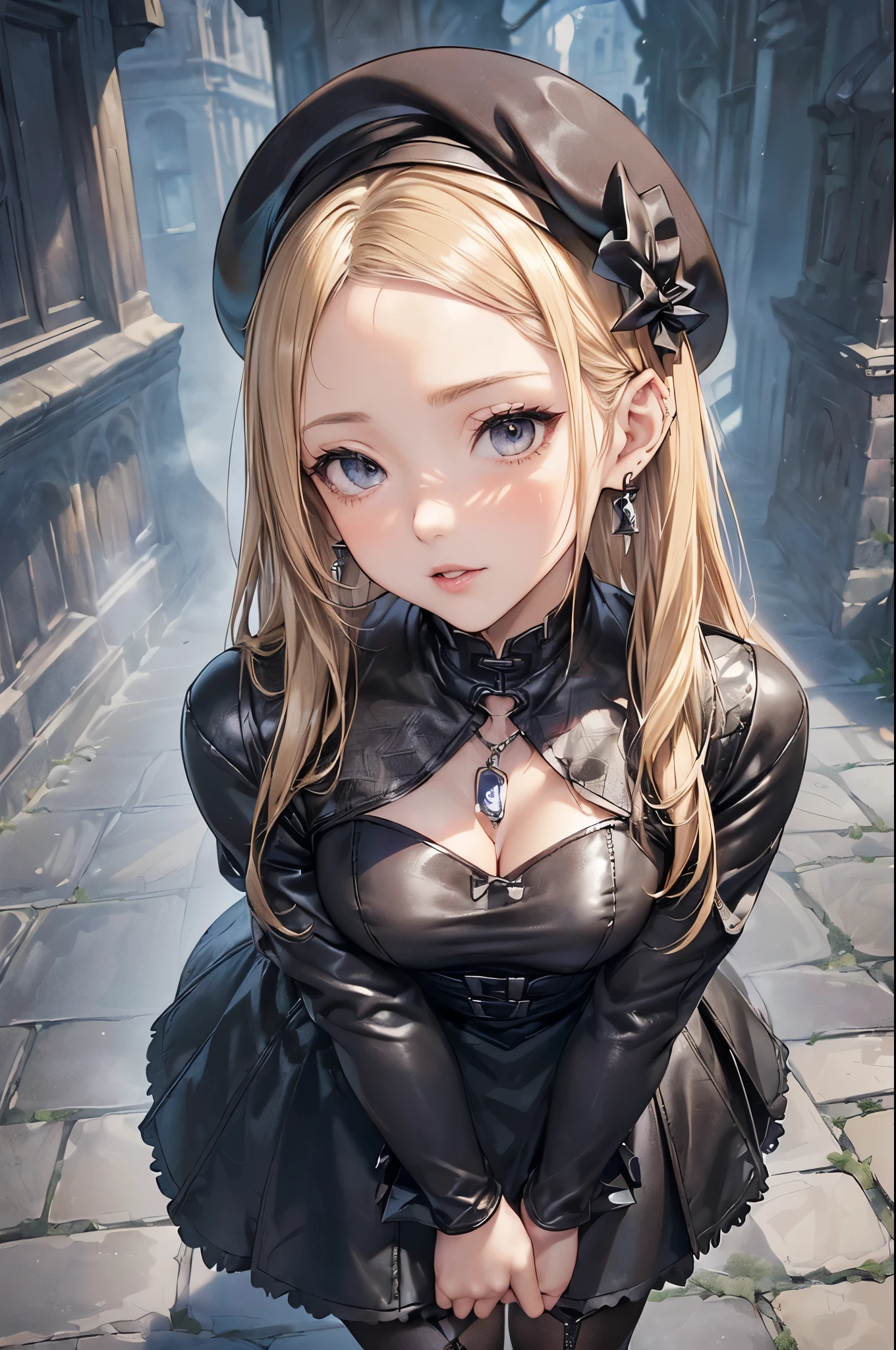 ((Biologically correct limb count))、(( From head to toe、Full-body photo including face))、4K、((Standing position))、masterpiece、((Focus on the face))、((Symmetrical facial features))、Eyes with detailed description、Beautiful woman、Great style、Beautiful arms、Beautiful legs、Beautiful Hands、(Small Ass、Thin thighs）、Facial detailing、Small earrings、necklace、(beret、Red and black leather gothic dress、((High heels、Patterned stockings))）、((Standing in front of an old castle in the daytime sun, looking up))、Silk gloves、(((Blonde)))、(Thick fog)、Realistic photo