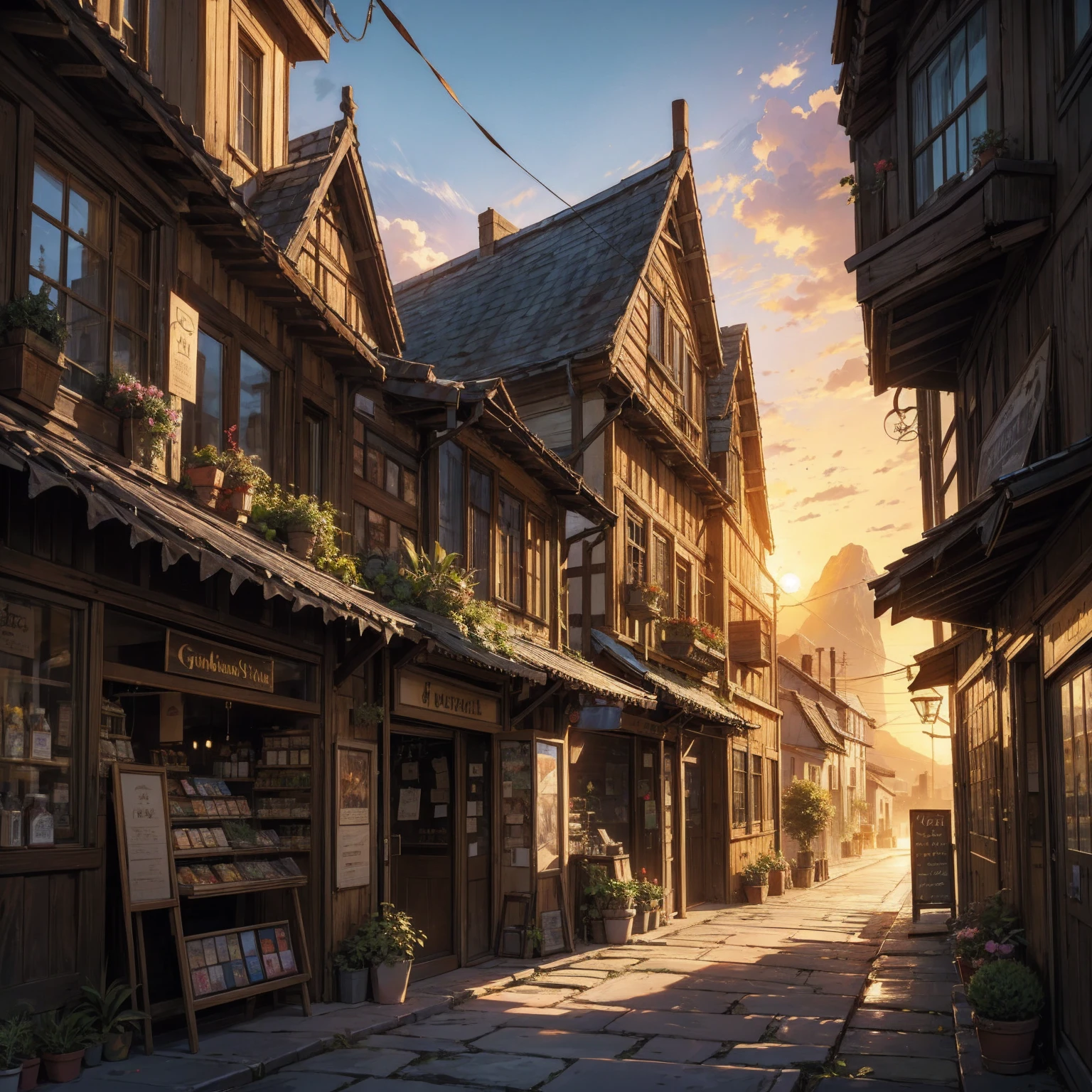 anime background, anime wallpaper, anime, anime style, lofi, lofi style, medieval street, mountains, uphill, medieval architecture, medieval convenience store, big retro medieval shop signs, retro medieval store, trees, plants, rocks, plant pots, shop signs, medieval banners like (guild, blacksmith, alchemist, restaurant), medieval signs, flags, sunrise, golden hour, golden lighting, empty street, no one in sight (no one: 1)