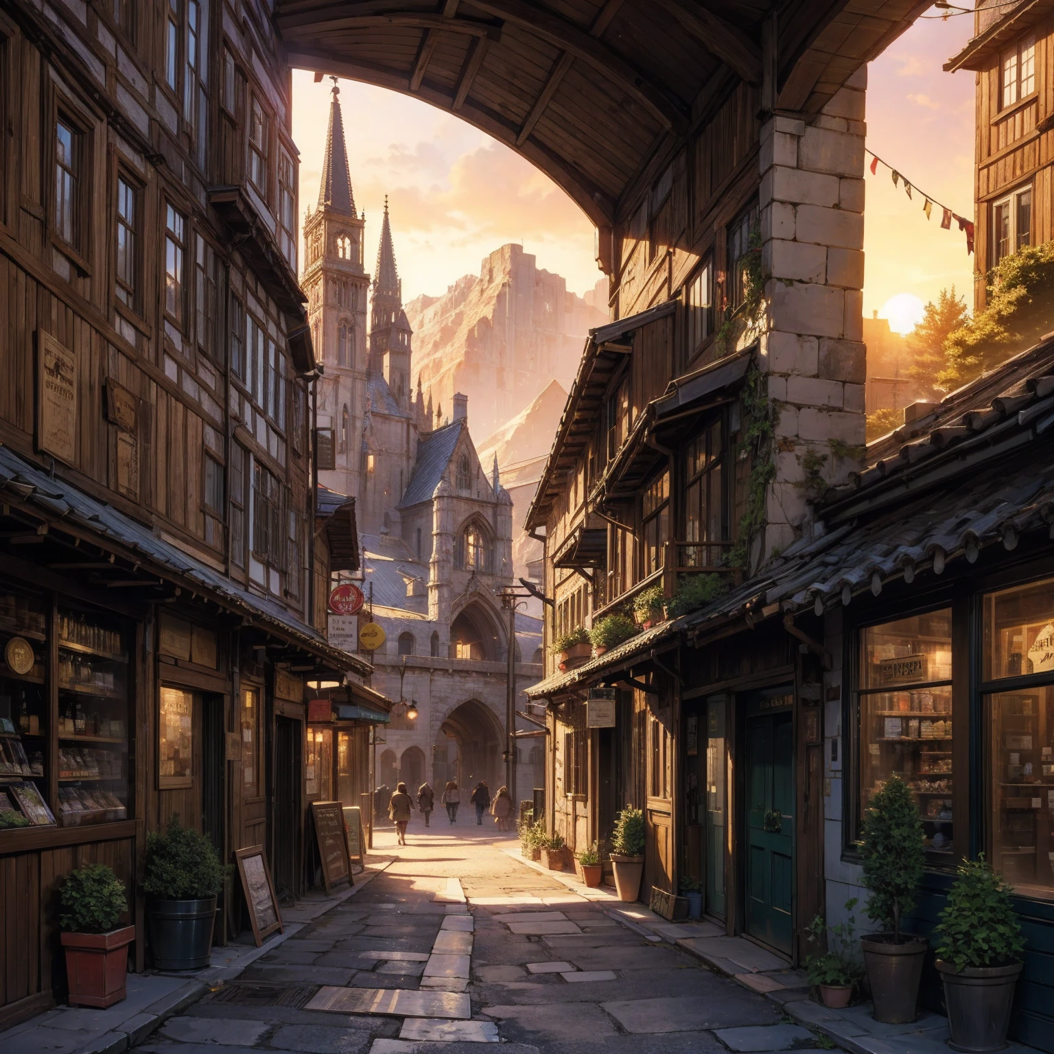 anime background, anime wallpaper, anime, anime style, lofi, lofi style, medieval street, mountains, uphill, medieval architecture, medieval convenience store, big retro medieval shop signs, retro medieval store, trees, plants, rocks, plant pots, shop signs, medieval banners like (guild, blacksmith, alchemist, restaurant), medieval signs, flags, sunrise, golden hour, golden lighting, empty street, no one in sight (no one: 1)