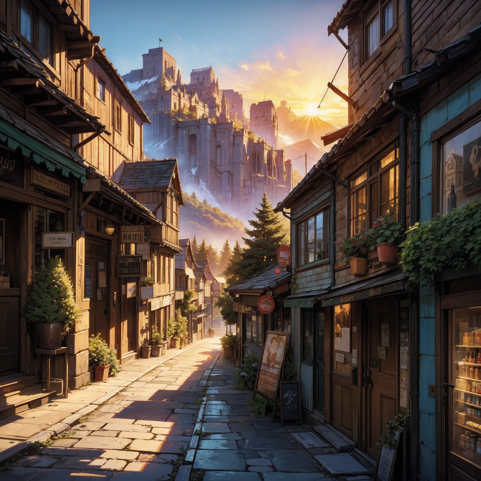 anime background, anime wallpaper, anime, anime style, lofi, lofi style, medieval street, mountains, uphill, medieval architecture, medieval convenience store, big retro medieval shop signs, retro medieval store, trees, plants, rocks, plant pots, shop signs, medieval banners like (guild, blacksmith, alchemist, restaurant), medieval signs, flags, sunrise, golden hour, golden lighting, empty street, no one in sight (no one: 1)