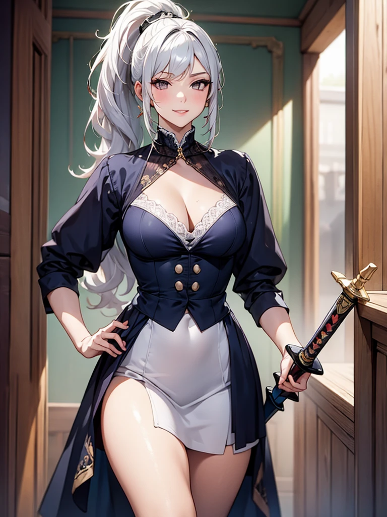 ((masterpiece)), (super detailed), (solo), beautiful, perfection, perfectly beautiful, (silver hair), (silver eyes), (silver lips), (silver lipstick), (smirk), huge breasts, cleavage, victorian dress, combat dress, holding a sword, ponytail