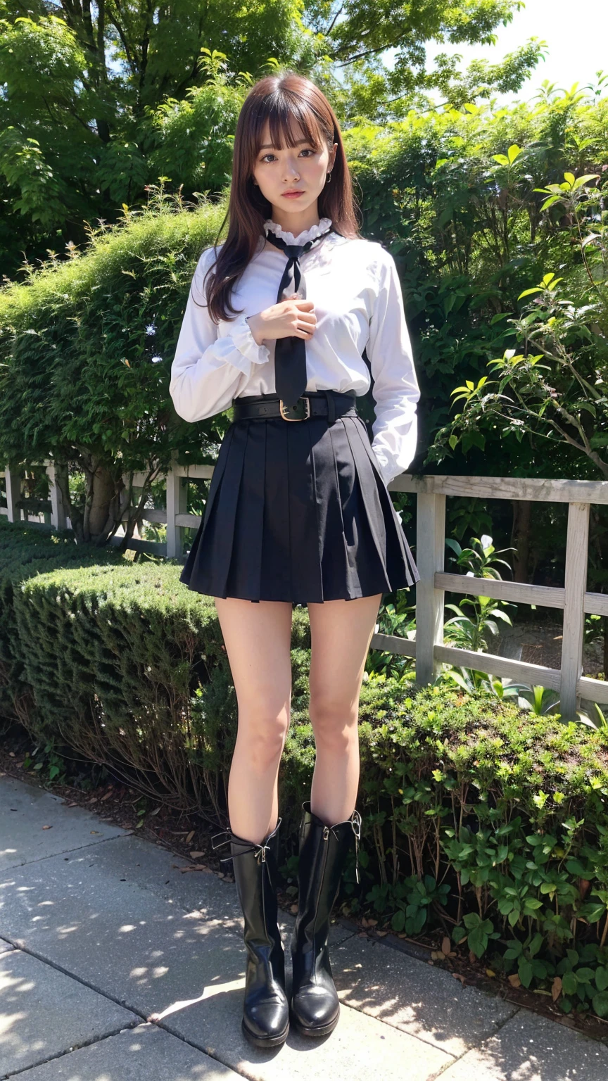 (8K、RAW Photos、Highest quality、masterpiece:1.2)、(Realistic、Realistic)、1 Girl、((Check mini skirt、blackいコート、tie、black、Frills、Thin legs、whole body、boots、one piece、garden、View from the front、Looking into the camera、belt、Stand with hands on hips))、