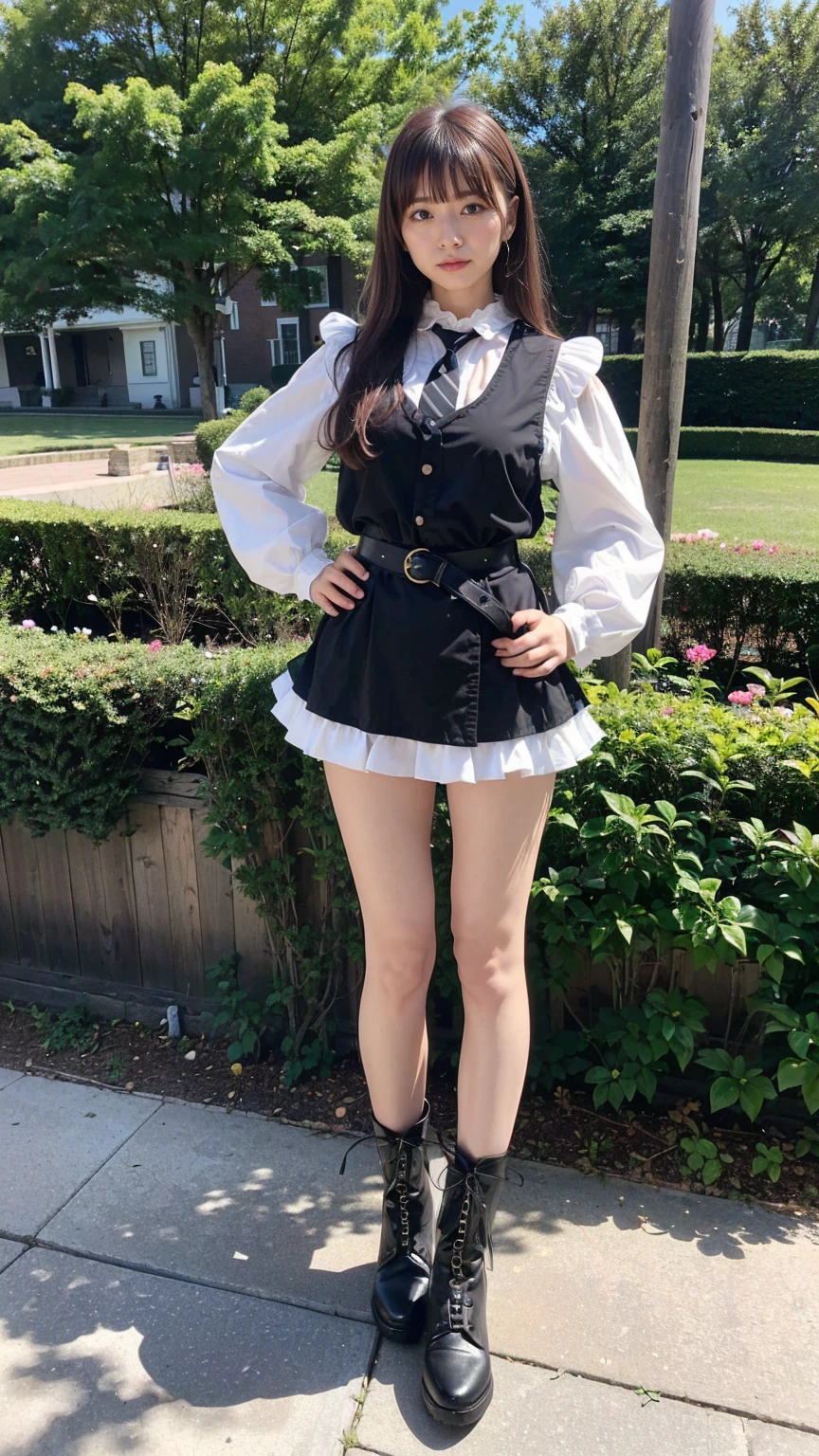 (8K、RAW Photos、Highest quality、masterpiece:1.2)、(Realistic、Realistic)、1 Girl、((Check mini skirt、blackいコート、tie、black、Frills、Thin legs、whole body、boots、one piece、garden、View from the front、Looking into the camera、belt、Stand with hands on hips))、