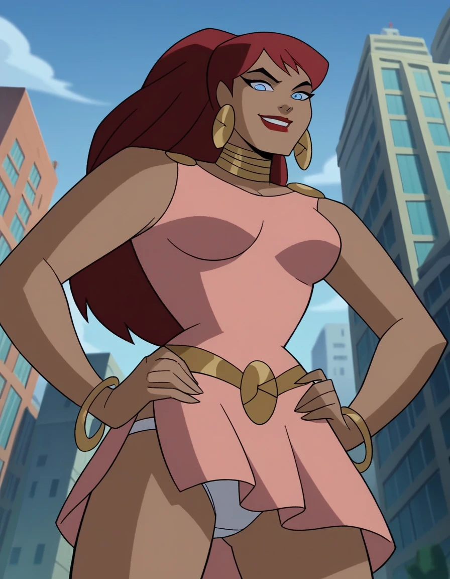 score_9, score_8_up, score_7_up, source_anime,
giganta, giganta, blue eyes, red hair, dark skin, dark-skinned female, makeup, lipstick, ponytail,
dress, jewelry, earrings, bracelet, topless,
outdoors, cityscape, hands on hips, smile,
looking at viewer, solo, white panties, upskirt view, view from below