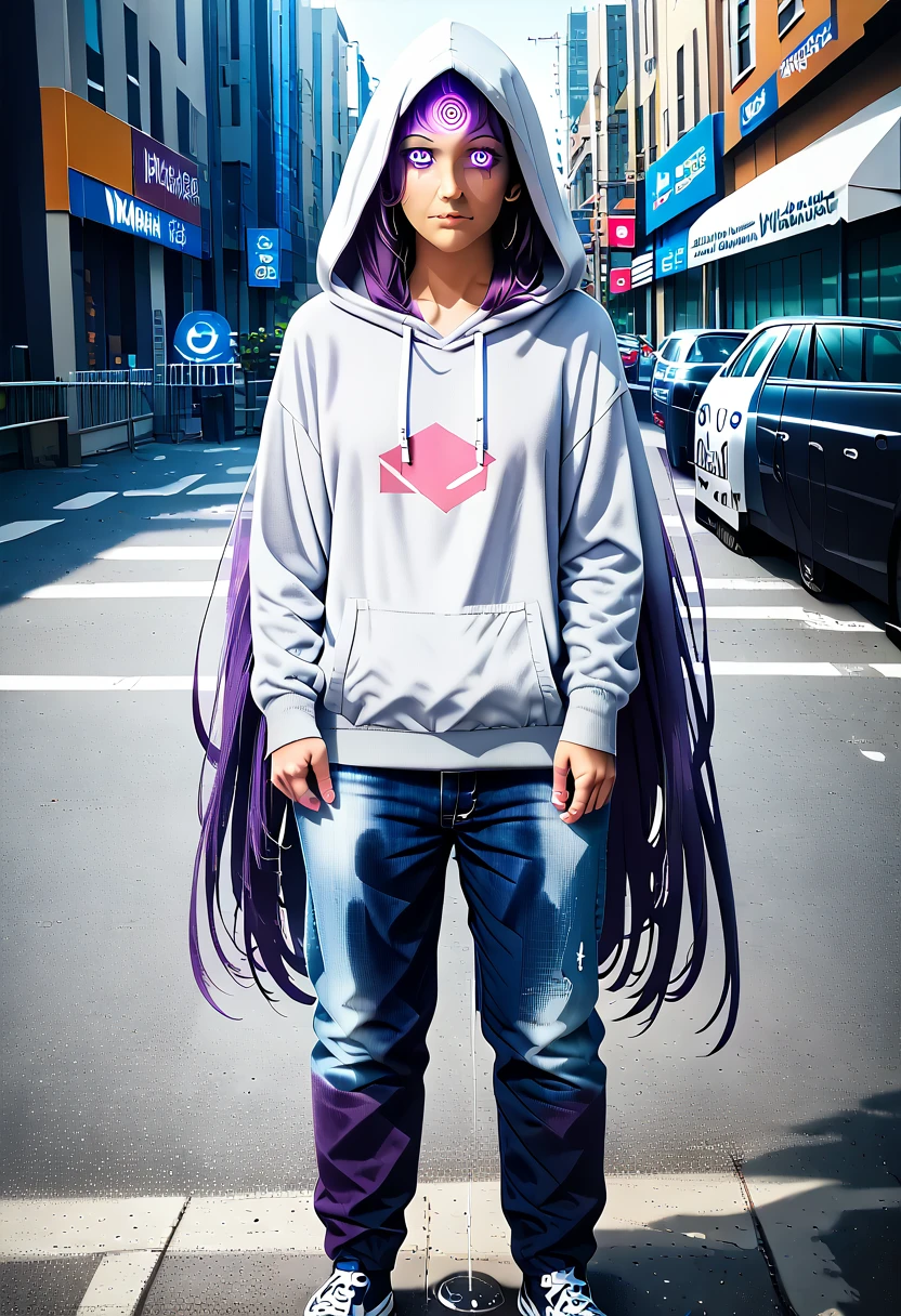 (masterpiece:1.37), best quality, (extremely detailed:1.37) woman, (adult:1.5), (very long hair:1.5), dark purple hair, purple eyes, (extremely detailed eyes:1.37), breasts, hoodie, jeans, (wetting:2.0), standing straight, full body day, daytime, glow, facing viewer, perfect composition, full body, city, street
