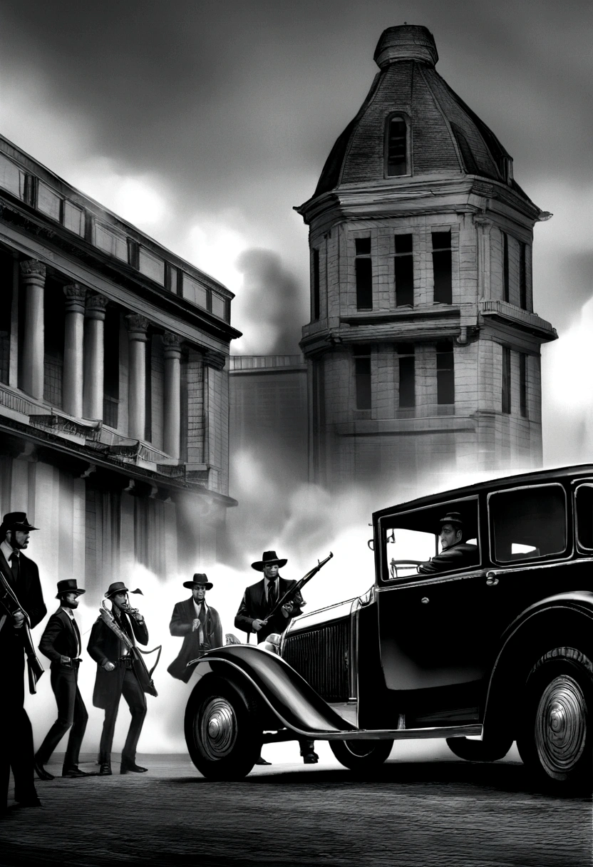 (Cinematic image, realism, cinema, realistic scenario, civil war, explosive scenario, shooting, smoke, monochrome), (five men armed with Thompson Machine Guns, gangster war, shooting, war between rival gangs), (Antique car, 1990s 70, large building, robbery of the Central Bank of Chicago, the mint or central bank),
