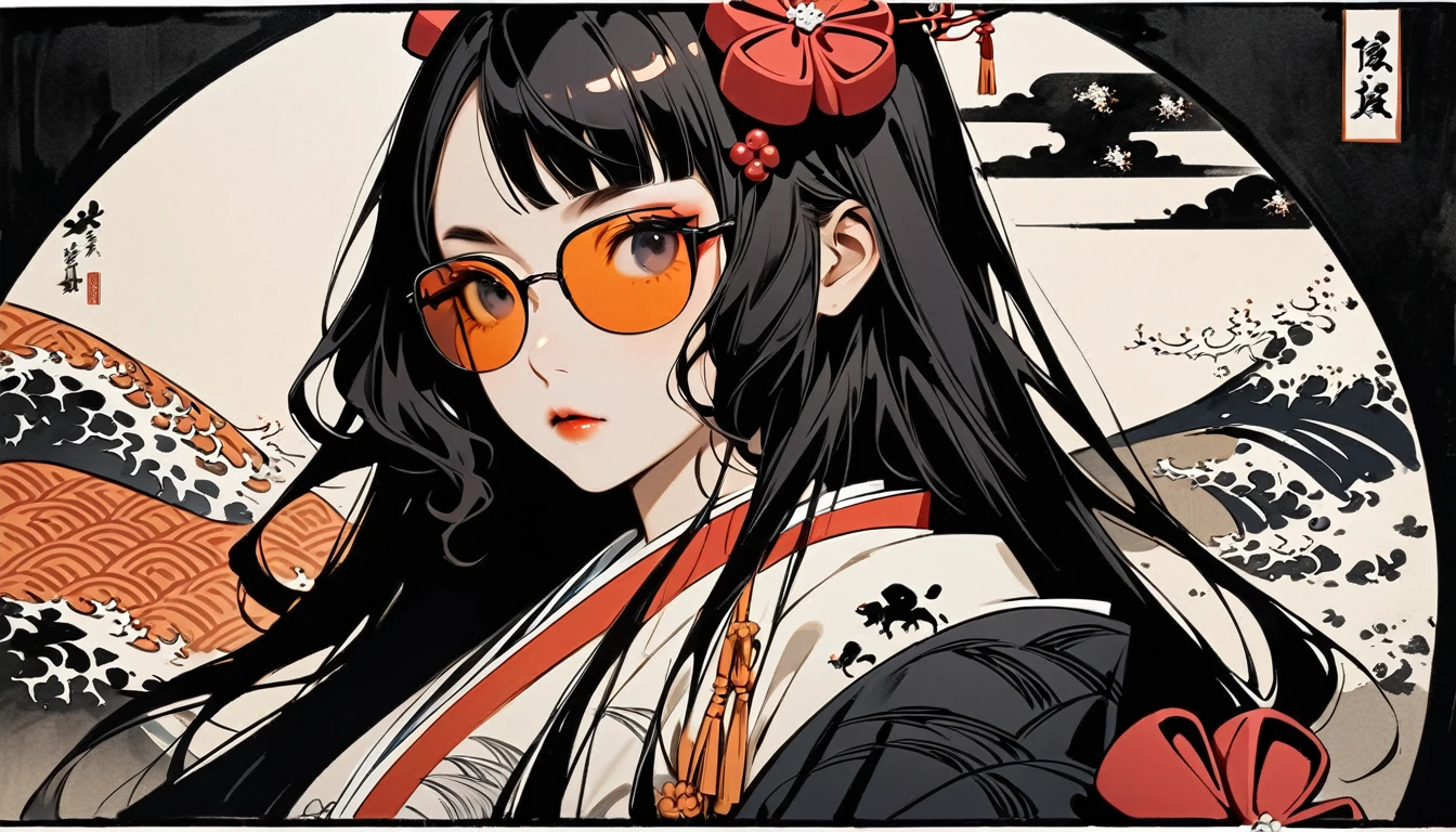 (((Highest quality))), (((Katsushika Hokusai))), (((Ink Painting))), ((very straight longhair)), ((1 girl)), ((Half of his face is a robot)), ((Beautiful girl in sunglasses)), Japanese style headphones, Black Hair, Delicate and precise, Modern ukiyo-e style