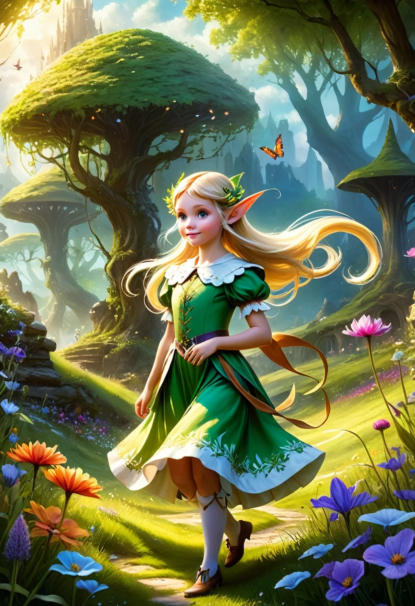 Create an enchanting and whimsical image of a elegant elf girl with flowing blonde Hair,(Twin Tails), exploring the magical realm of Neverland. Picture her in a vibrant meadow surrounded by fantastical creatures, lost in this timeless and(( dreamlike world)). Capture the essence of innocence, fear, and the endless obstacles that unfold in the encasing landscapes of Neverland. | stunning detail, creative, cinematic, amazing composition, elegant, sad, fascinating, highly detailed, intricate, dynamic, beautiful, positive light, cute, engaging, new, enhanced, Epic Landscape, oil paint,6000, ruins, more detail XL, realistic