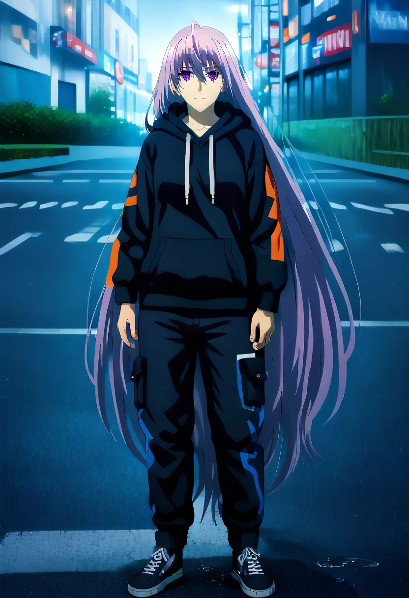 (masterpiece:1.37), best quality, (extremely detailed:1.37) woman, (adult:1.5), (very long hair:1.5), dark purple hair, purple eyes, (extremely detailed eyes:1.37), breasts, hoodie, jeans, (wetting:2.0), standing straight, full body day, daytime, glow, facing viewer, perfect composition, full body, city, street