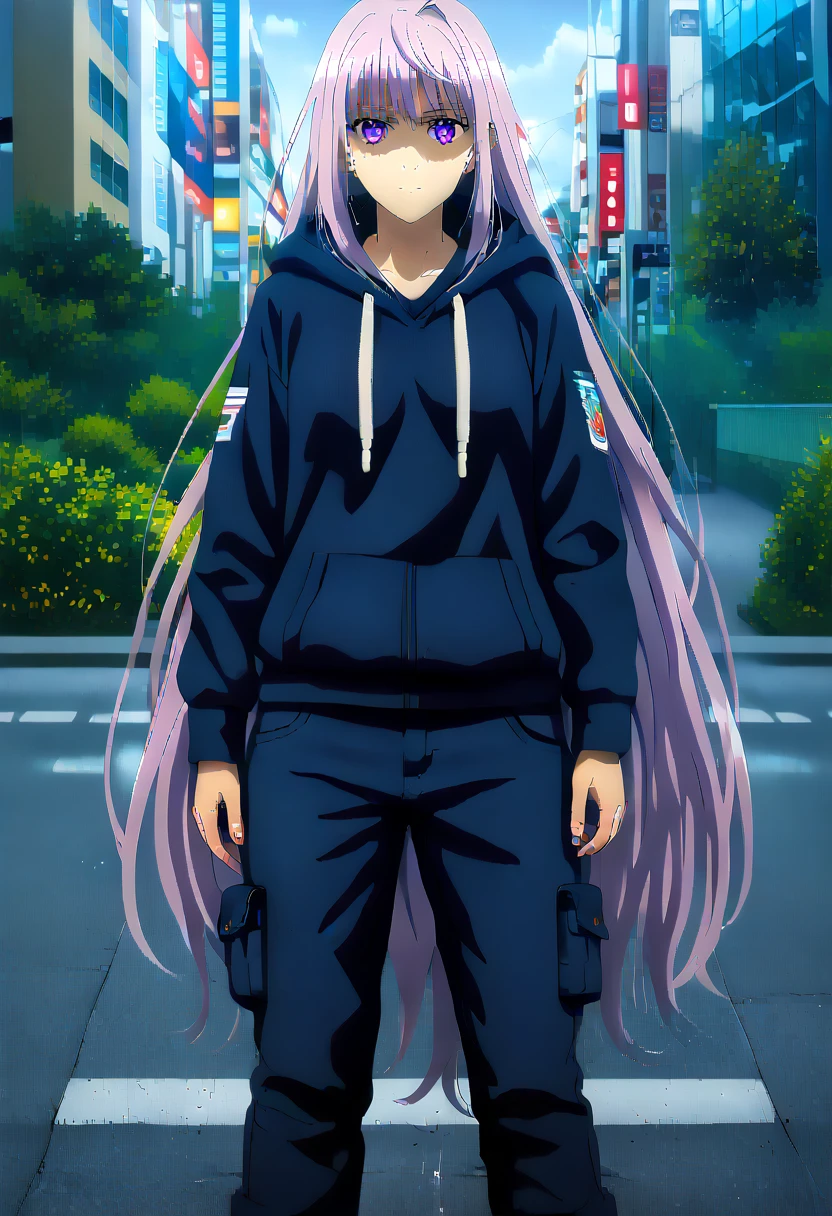 (masterpiece:1.37), best quality, (extremely detailed:1.37) woman, (adult:1.5), (very long hair:1.5), dark purple hair, purple eyes, (extremely detailed eyes:1.37), breasts, hoodie, jeans, (wetting:2.0), standing straight, full body day, daytime, glow, facing viewer, perfect composition, full body, city, street