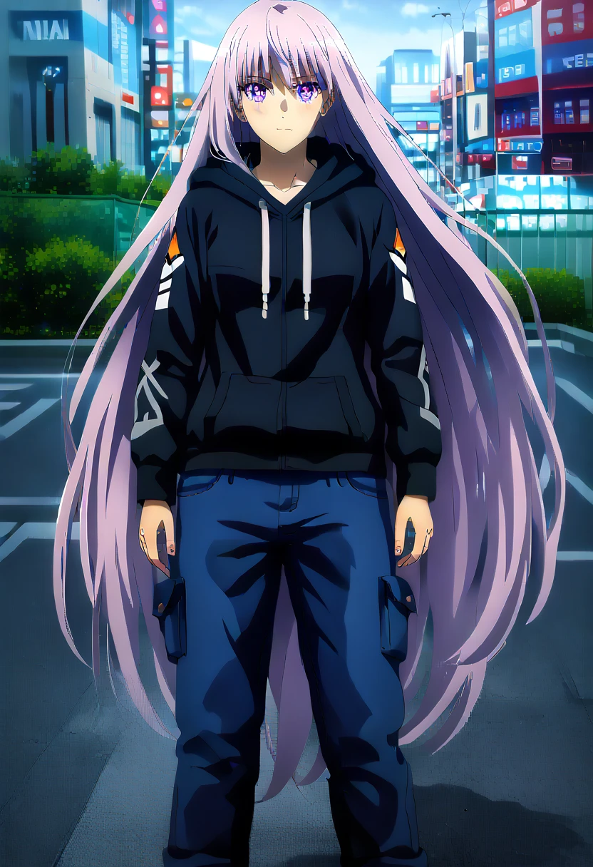 (masterpiece:1.37), best quality, (extremely detailed:1.37) woman, (adult:1.5), (very long hair:1.5), dark purple hair, purple eyes, (extremely detailed eyes:1.37), breasts, hoodie, jeans, (wetting:2.0), standing straight, full body day, daytime, glow, facing viewer, perfect composition, full body, city, street