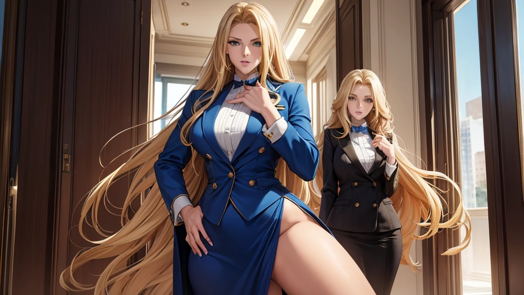 She is a tall blonde, with long golden blonde hair styled entirely in large coils. She is 30 years old and has green eyes, and wears a blue suit, always elegant. As school director, she dresses accordingly, with a seductive and imposing style. The woman looked at me with disdain, an expression of complete intimidation. Your attitude is as arrogant as it is impressive.
Your dress clings to your body, doubling its impact power when used by an attractive, confident woman. With a pretty face that doesn't fade even when you frown in annoyance, She's an impressive woman, with beautiful blonde hair and red eyes that match well. Your style is worthy of an anime, highlighting her striking presence has long golden blonde hair styled entirely in large coils
