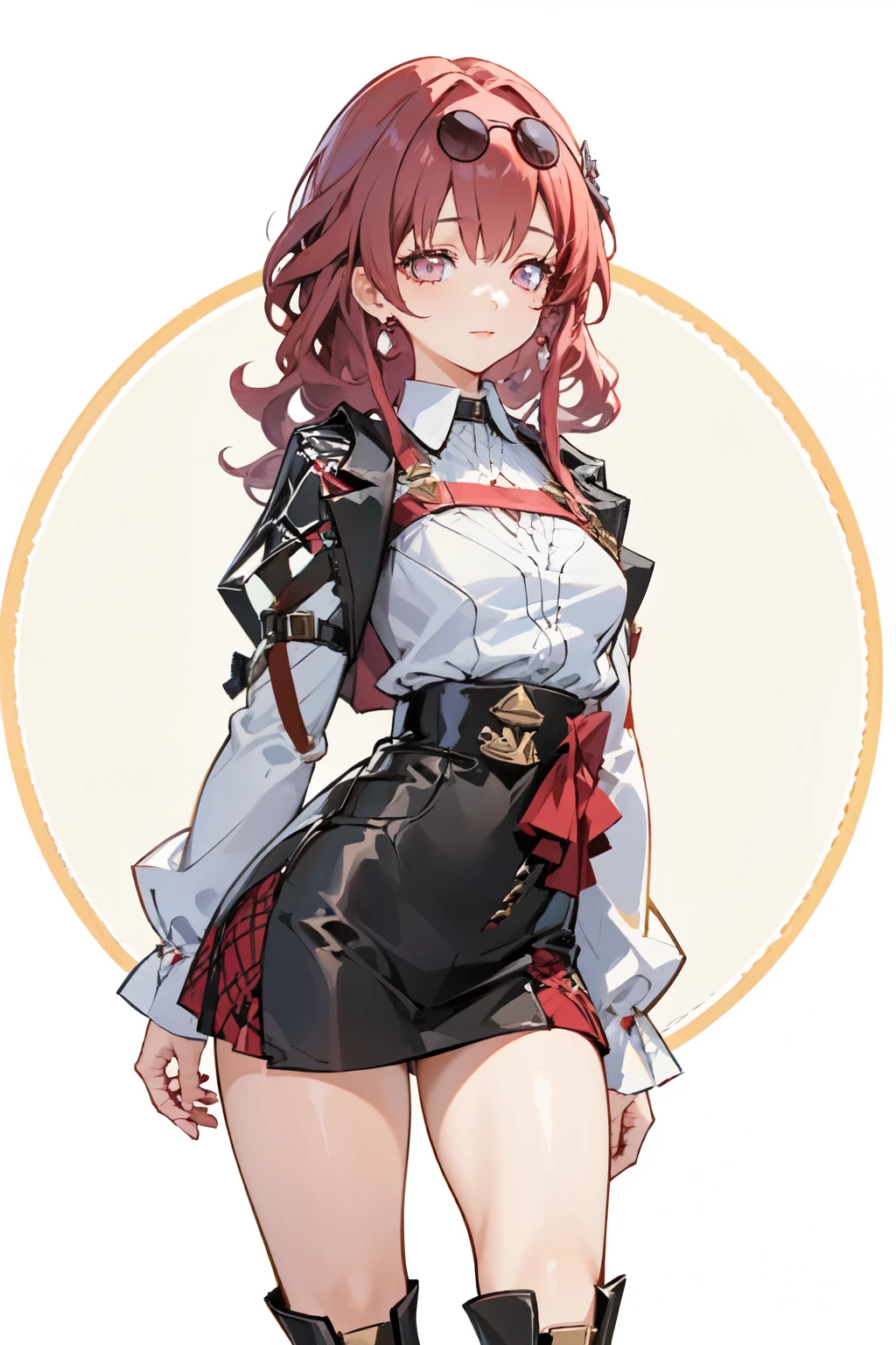 1 girl, young woman, red wavy curly pendo, dressed in a white shirt with a red and black plaid skirt, calf-length diamond tights, small boots with fur holding a circle, chest a little big