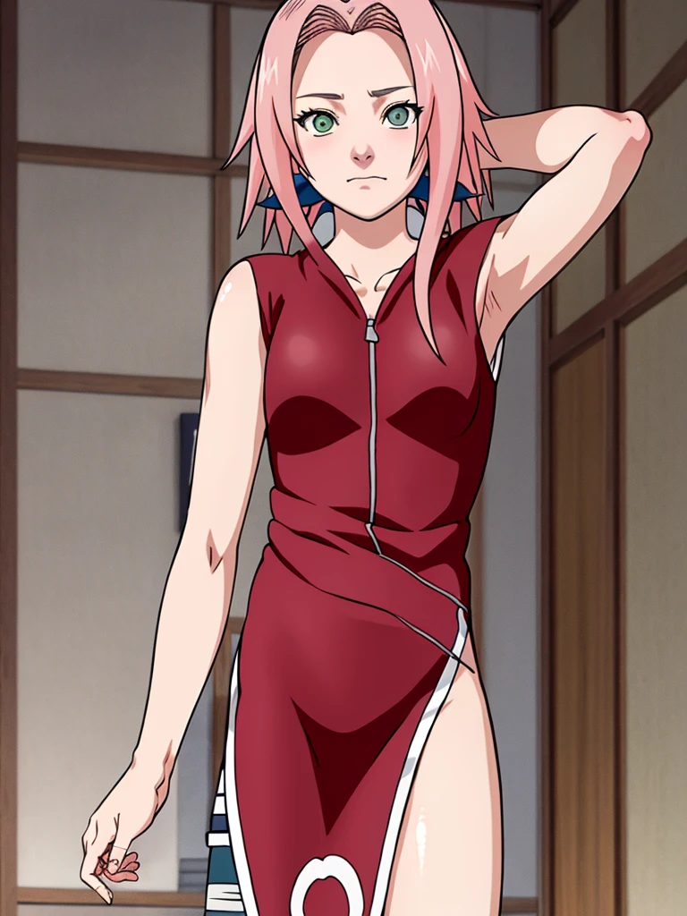 whole body, Sakura Shippuden, Sakura Haruno, ((naked)), Alone, 1 girl, shaved armpits, arm behind head, focus on armpit, green eyes