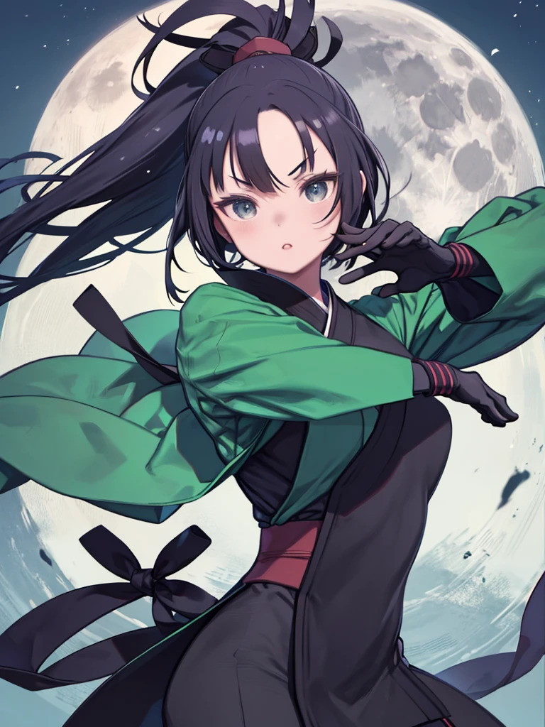 One Girl、(Ninja、Ninja)、Green kimono、Black Hair、V-shaped eyebrows、△ Mouth、night、full moon、ponytail、Focus on the face、、Aerial、Jump、Karate pose、Holding a sword、Upper Body、On the roof、Angle from above、