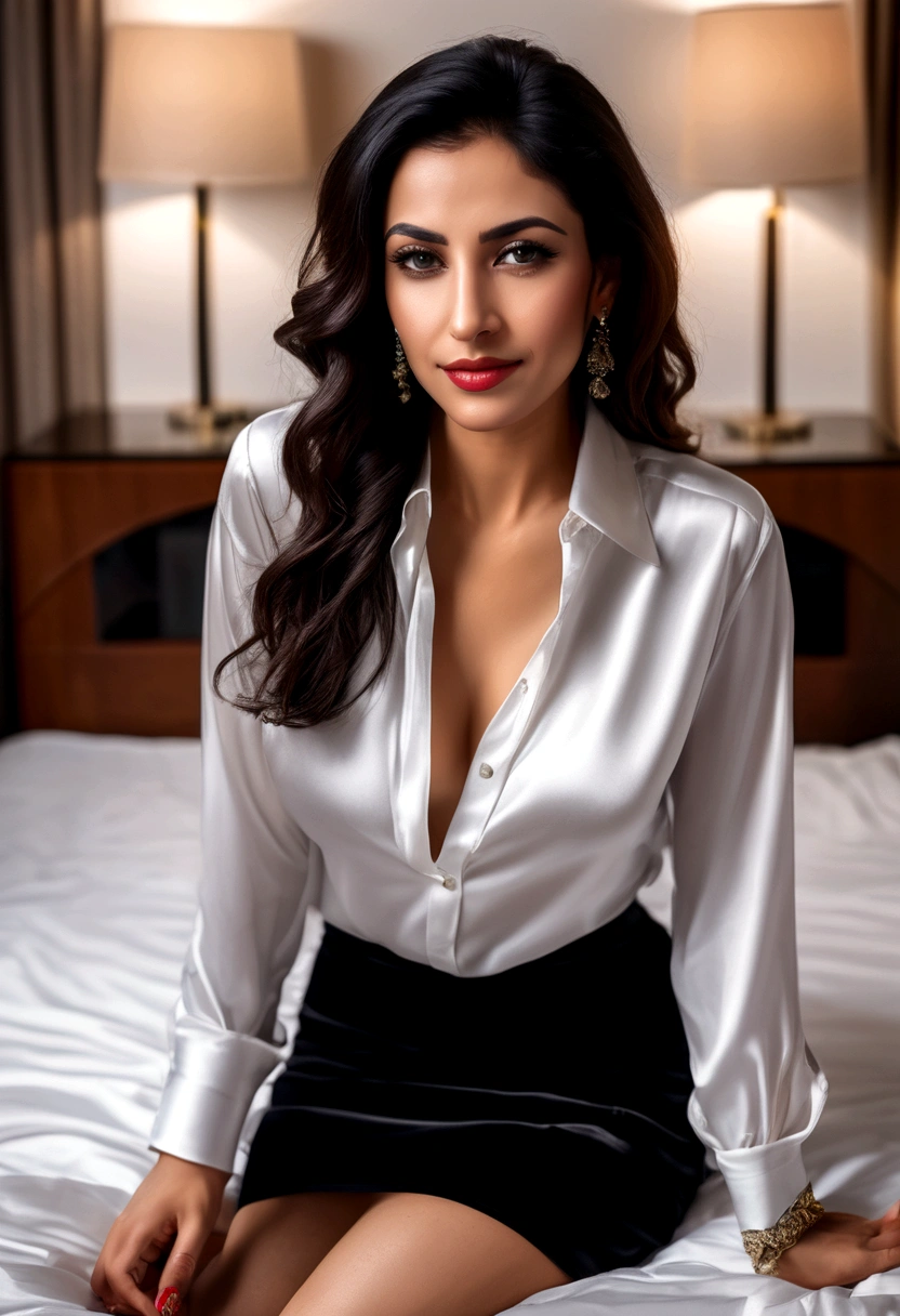 40-year-old arabic woman Sexy Tight white satin shirt Black short velvet skirt Smirk Lying on bed