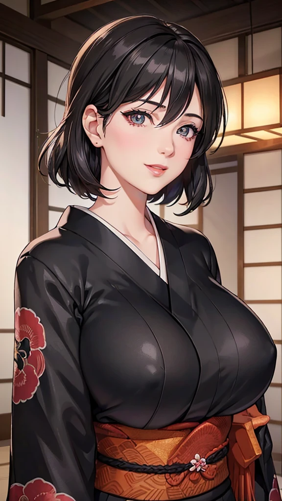 Wife 30 years old，(((a mature woman))), ((widow)),  (((Middle-aged women))),((Tie up your black hair)), ((Black Kimono)),  ((Lipstick)), ((Huge big breasts:1.3)),Energetic smile, ((In Japanese style room)),Cloudy intermittently (Masseter membrane:1.2), best quality, High resolution, Unity 8k Wallpaper, (revelation:0.8), (Beautiful and delicate eyes:1.6), The facial details are particularly rich, Perfect lighting, Extremely detailed CG, (Perfect hands, perfect anatomy),((Upper body portrait))