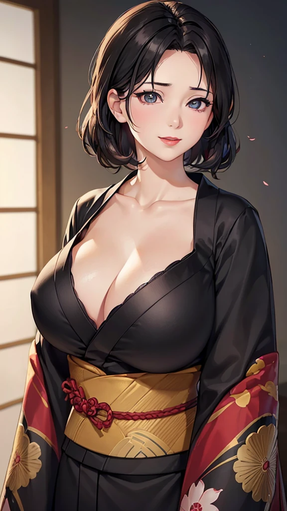 Wife 30 years old，(((a mature woman))), ((widow)),  (((Middle-aged women))),((Tie up your black hair)), ((Black Kimono)),  ((Lipstick)), ((Huge big breasts:1.3)),Energetic smile, ((In Japanese style room)),Cloudy intermittently (Masseter membrane:1.2), best quality, High resolution, Unity 8k Wallpaper, (revelation:0.8), (Beautiful and delicate eyes:1.6), The facial details are particularly rich, Perfect lighting, Extremely detailed CG, (Perfect hands, perfect anatomy),((Upper body portrait))