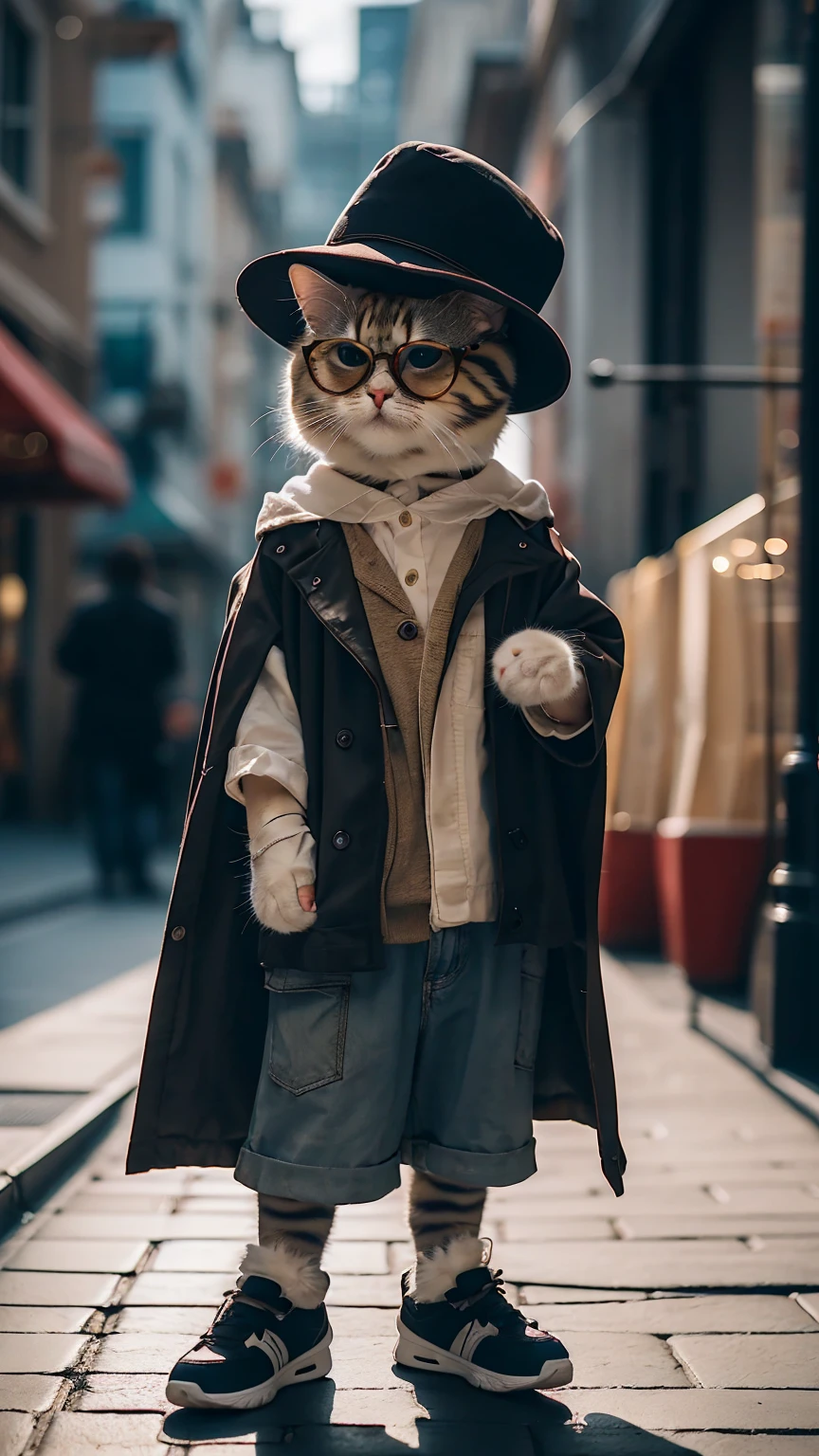 HDR, UHD,8K, highly detailed, realistic, photo-realistic:1.37), best quality, masterpiece, maomi, blurry background. Must be square-shaped, black-rimmed glasses. Glasses with small frames. Fluffy old cat, Sage, Wizard, very detailed cat and fur, Hat and cape, highly detailed images, Atmospheric light, (Cat Eyes and Feature Details). standing, Lower right hand. Left hand gesture. solo, outdoors, full body, shoes, depth of field. The face is facing the camera. The image should be photorealistic and detailed. whole body, entire body. tiger pattern mask, Muscular and large build.