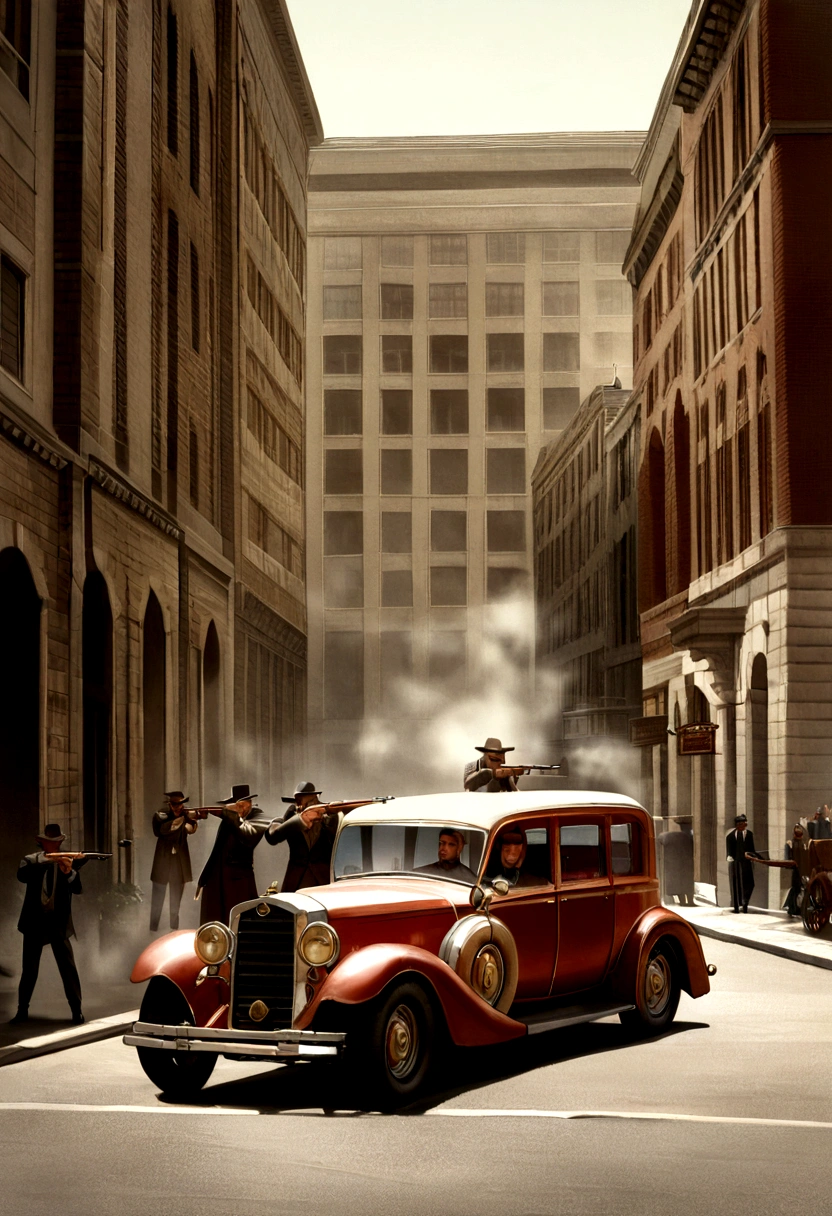 (Cinematic image, realism, cinema, realistic scenario, civil war, explosive scenario, shooting, smoke), (five men armed with Thompson Machine Guns, gangster war, shooting, war between rival gangs), (Antique car, 1990s 70, large building, robbery of the Central Bank of Chicago, the mint or central bank),