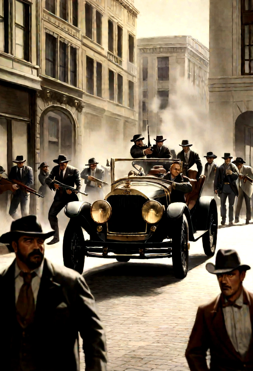 (Cinematic image, realism, cinema, realistic scenario, civil war, explosive scenario, shooting, smoke), (five men armed with Thompson Machine Guns, gangster war, shooting, war between rival gangs), (Antique car, 1990s 70, large building, robbery of the Central Bank of Chicago, the mint or central bank),