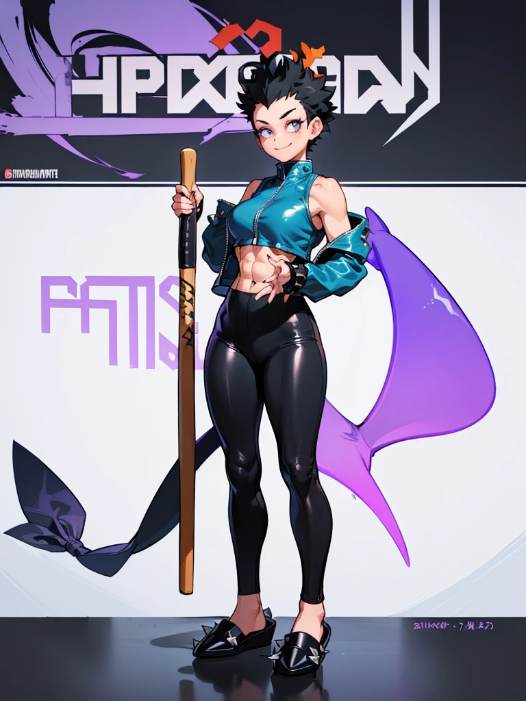 (((My Hero Academia Style))), (((Bibi))), (((Brawl Stars))), (((1girl))), (((female))), (((Wide hips))), (((wide thighs))), (((medium breasts))), (((blue spiked leather jacket))), (((blue leather jacket))), (( (leather jacket with spikes))), (((lilac top tank))), (((top tank))), (((Abs))), (((exposed abdomen))), (((marked abdomen))), (((tight leggings black))), (((tight leggings))), (((black leggings))), (((baseball bat))), (((Holding a baseball bat))), (((holding a bat))), (((shark smile))), (((lilac eyes))), (((evil smile))), (((traditional black slippers))), (((black slippers))), (((traditional slippers))), (((hair black))), (((pompadour hairstyle))), (((black hair pompadour hairstyle))), (((perfect anatomy))), (((perfect hands))), (((super detailed))), ( ((full body photo:1.5))), (((cowboy shot:1.5))),