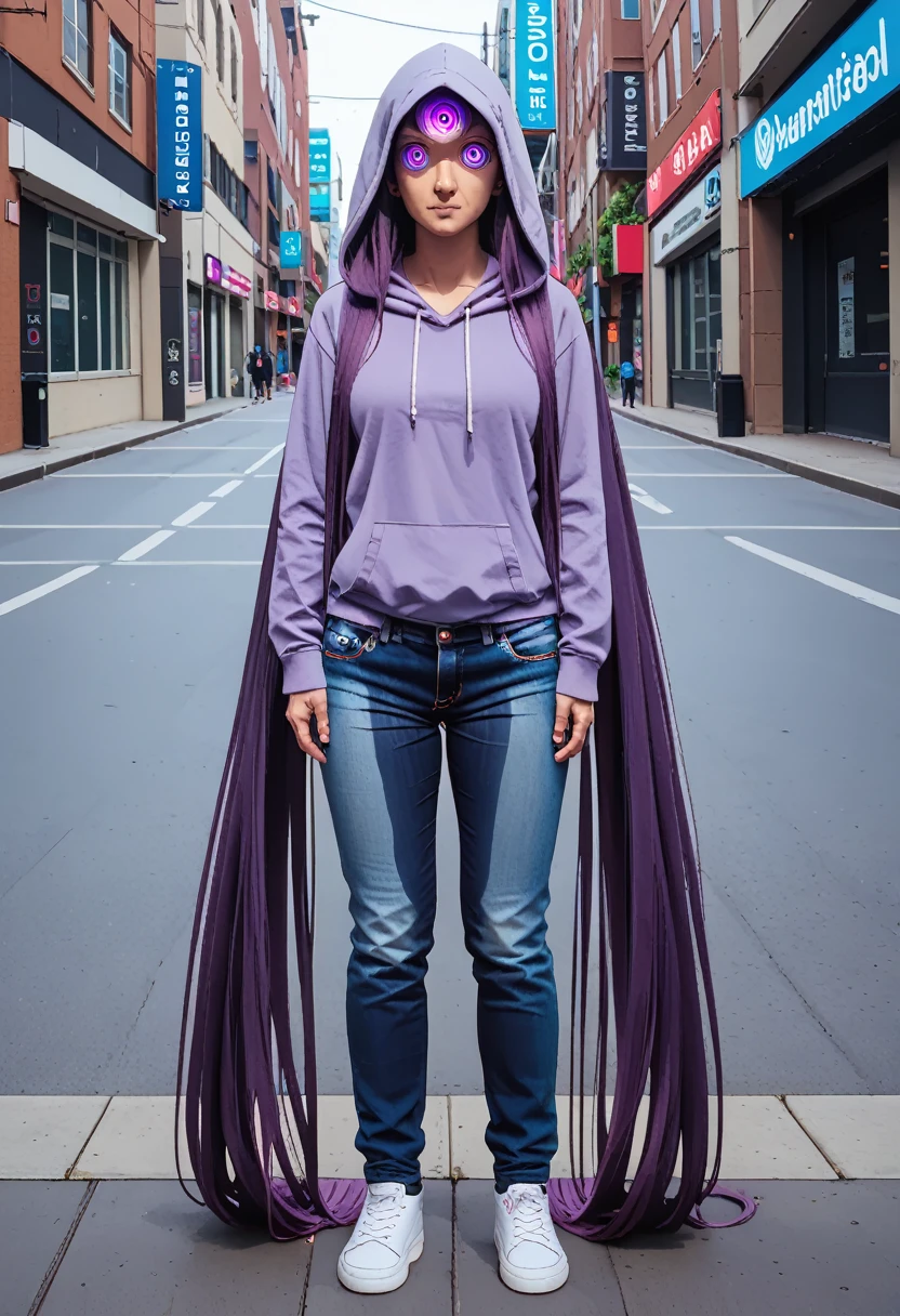 (masterpiece:1.37), best quality, (extremely detailed:1.37) woman, (adult:1.5), (very long hair:1.5), dark purple hair, purple eyes, (extremely detailed eyes:1.37), breasts, hoodie, jeans, (wetting:2.0), standing straight, full body day, daytime, glow, facing viewer, perfect composition, full body, city, street