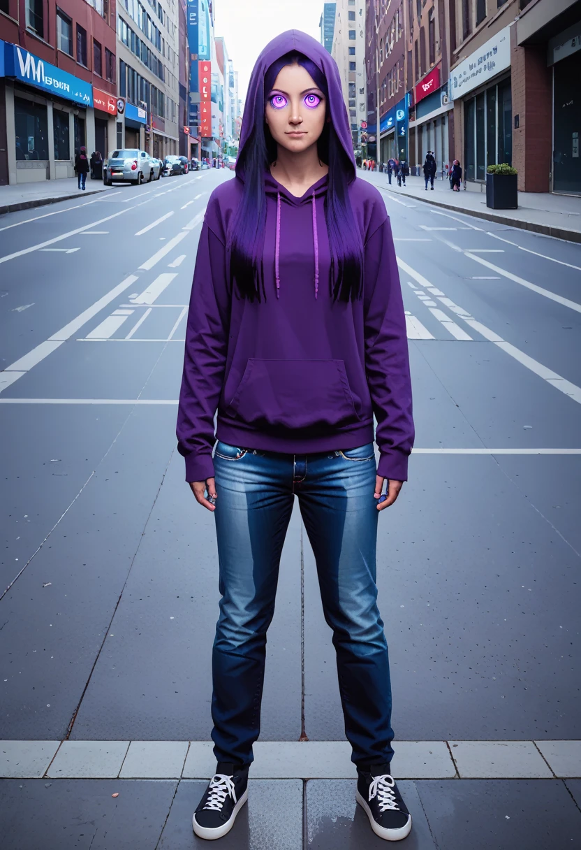 (masterpiece:1.37), best quality, (extremely detailed:1.37) woman, (adult:1.5), (very long hair:1.5), dark purple hair, purple eyes, (extremely detailed eyes:1.37), breasts, hoodie, jeans, (wetting:2.0), standing straight, full body day, daytime, glow, facing viewer, perfect composition, full body, city, street