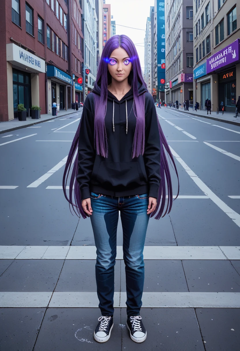 (masterpiece:1.37), best quality, (extremely detailed:1.37) woman, (adult:1.5), (very long hair:1.5), dark purple hair, purple eyes, (extremely detailed eyes:1.37), breasts, hoodie, jeans, (wetting:2.0), standing straight, full body day, daytime, glow, facing viewer, perfect composition, full body, city, street