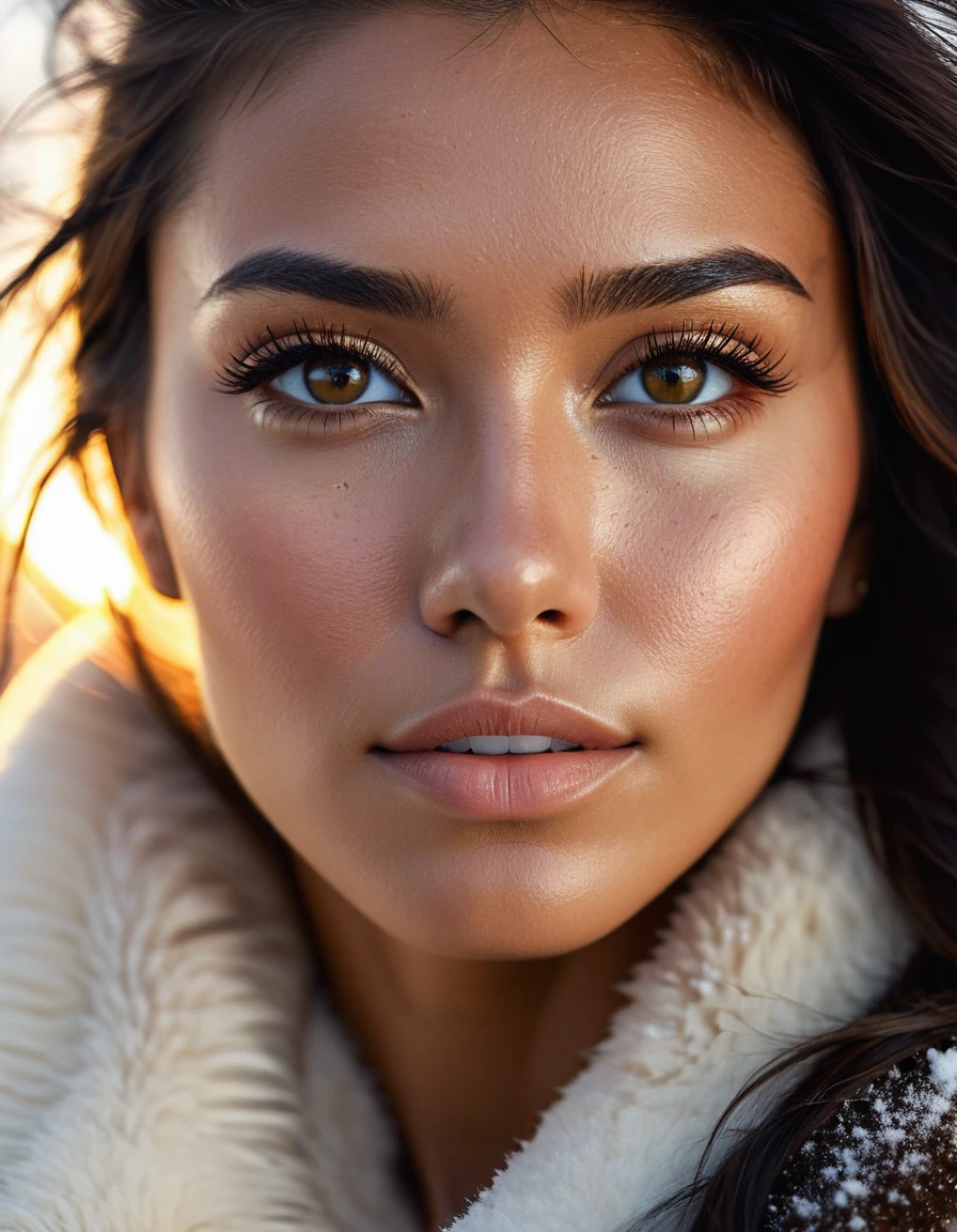 centered portrait photography, dutch angle shot, a stunning american native woman's face with highly detailed, tanned, fresh and young facial skin, delicate upturned nose, flesh lips, mesmerizing light brown eyes, golden hour, winter, cold day, snowing, close up, Phantom High Speed camera, urban emotions, uhd image, moody, detailed facial features, realistic_skin, natural_skin, sharp focus, (masterpiece), best quality, --ar 16:9 --style raw --v 5.2