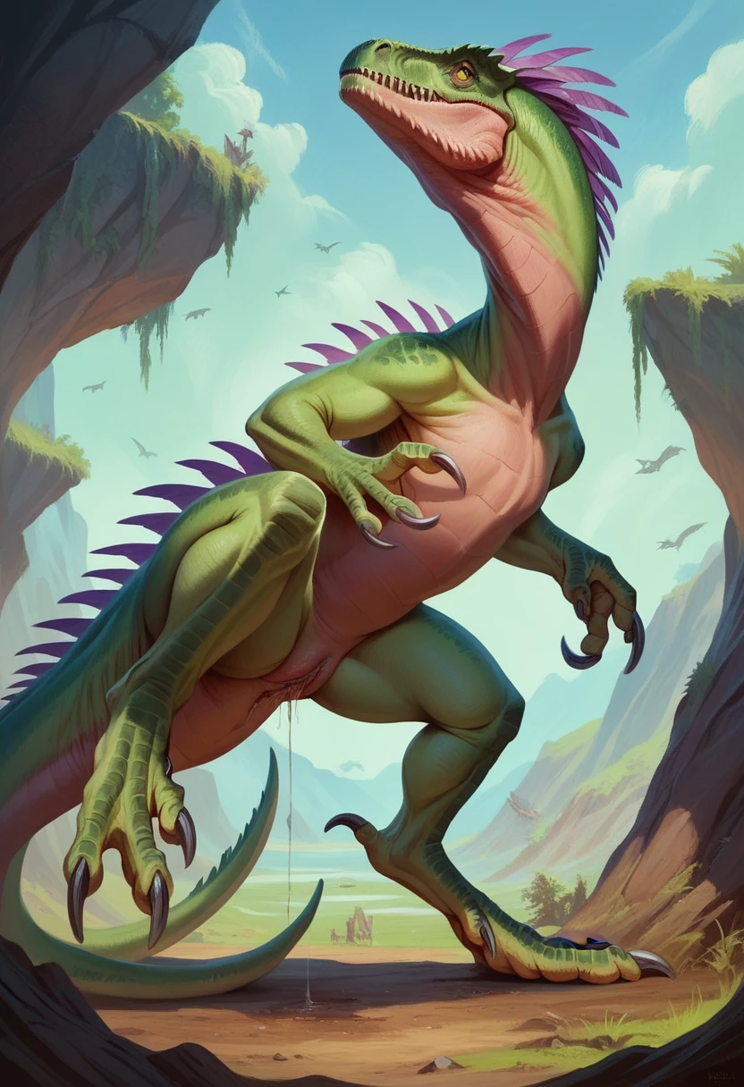 NSFW,(masterpiece),(Highest quality:1.0), (Ultra-high resolution:1.0), Detailed illustrations, 8K, real,masterpiece, Highest quality,Female dinosaur,Green Skin,Purple crest on head,Big Claws,whole body,Full Art,Carnivorous dragon,pussy juice