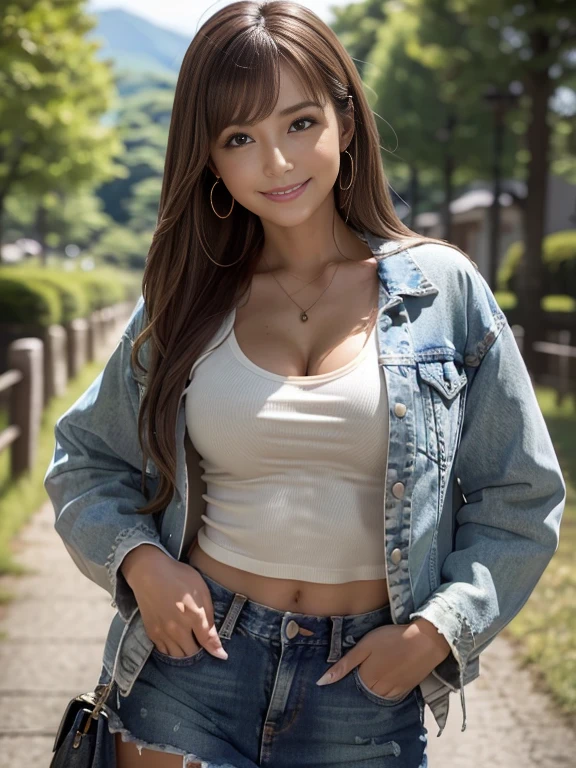 Highest quality, masterpiece, Ultra-high resolution, (Realistic:1.4), Beautiful woman, Clear grey V-neck shirt, G-string, Cleavage, ((Denim jacket))， Center of chest, Tight waist, Shiny skin, 魅惑的なsmile, Bokeh, smile,  pubic hair, thick pubic hair, long pubic hair, Denim mini skirt, Brown Hair、Fresh green scenery in Karuizawa、