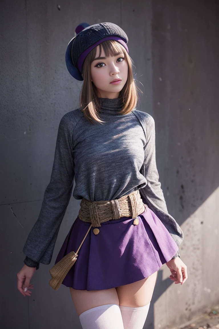 (iwanagadress:1.2), (iwanagakotoko:0.9),(beret:1.8), iwanaga kotoko, 1girl, beret, black bow, blue skirt, bow, brown footwear, cane, dress, hair bow, hat, holding, holding cane, juliet sleeves, light brown hair, long sleeves, looking at viewer, petticoat, puffy sleeves, purple eyes, short hair, skirt, solo, thigh strap, thighhighs, white dress, white headwear, white thighhighs, kyokou suiri