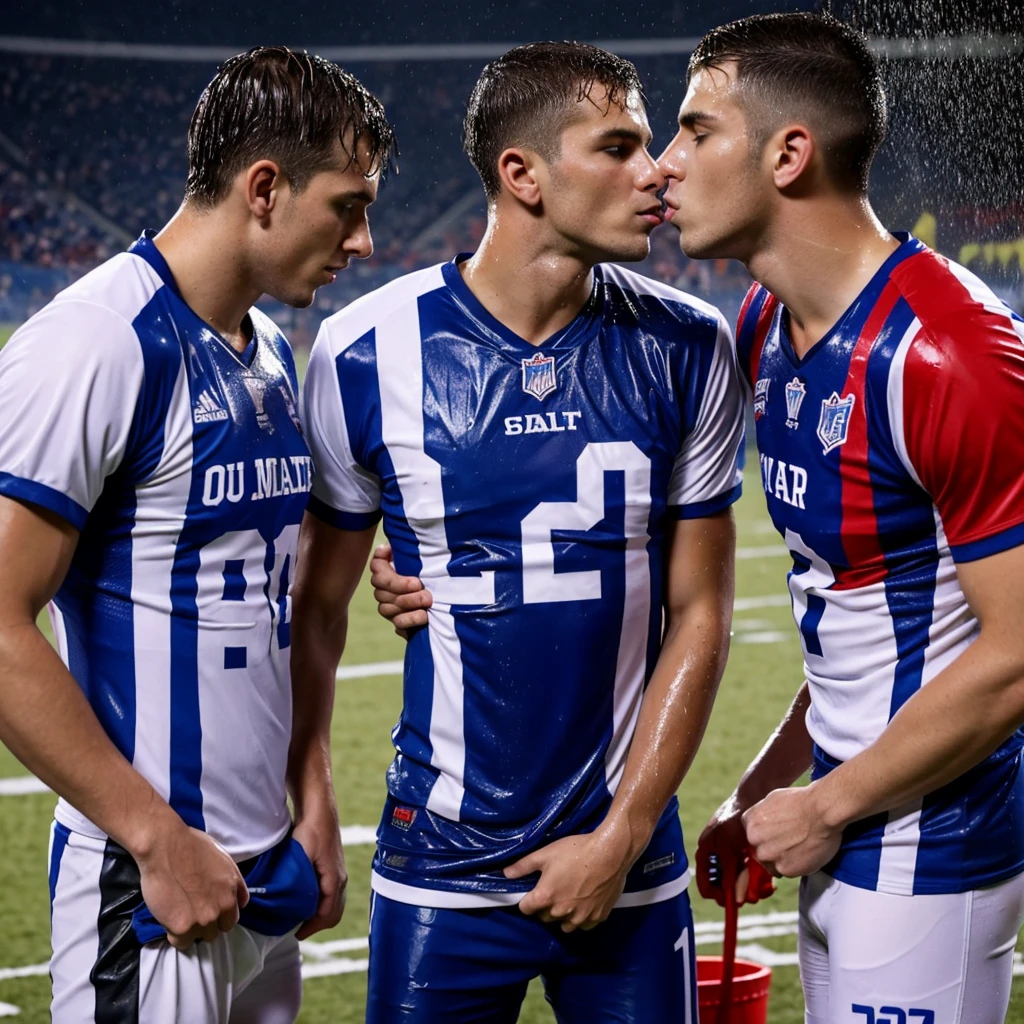 soaked twenty year old men wearing wet football jerseys with soaked. several men in soaked jereseys pour buckets of water over them. Wet shirts. Wetlook. Sensual. Kissing. Homosexual. Wet clothes. Wetlook.