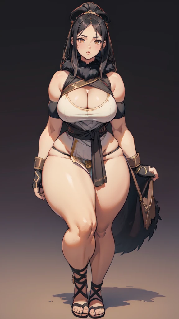 (masterpiece), best quality, female warrior, dark fantasy, huge girl, female muscular:1.2, black hair, (curvy:1.7), ((thick thighs:1.4)), (((blank background))), ((full body)), fingerless gloves, sandals, sleeveless, (straight hair), (loincloth), (fur top) , strapless top