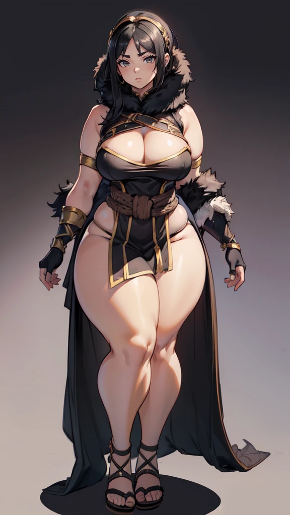(masterpiece), best quality, female warrior, dark fantasy, huge girl, female muscular:1.2, black hair, (curvy:1.7), ((thick thighs:1.4)), (((blank background))), ((full body)), fingerless gloves, sandals, sleeveless, (straight hair), (loincloth), (fur top) , strapless top