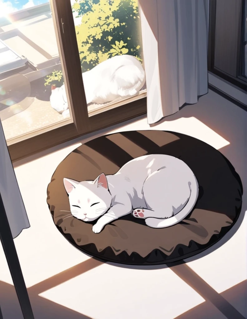 A black and white piebald cat napping on a round cushion in the sunbeams of a window.