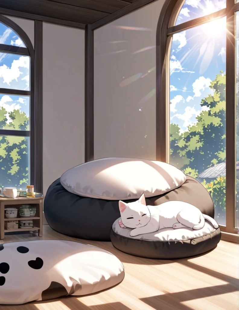 A black and white piebald cat napping on a round cushion in the sunbeams of a window.