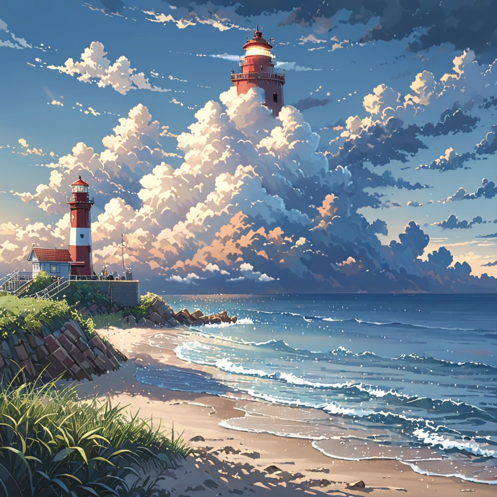 ((anime:1.4,illustration)),(masterpiece, top quality, best quality),(ultra-detailed, absolutely resolution),((16k, high res)), (((seaside, sand flowers, blue sky, cumulonimbus clouds, evening, breakwater, lighthouse))), ((anime:1.4,illustration)),(masterpiece, top quality, best quality),(ultra-detailed, absolutely resolution),((16k, high res)). BREAK {lofi art, style of Laurie Greasley, style of Makoto Shinkai, anime aesthetic}, BREAK { (produces images with information than 40 million pixels with cinematic-like detailed textures shot on a Sony SLR).}