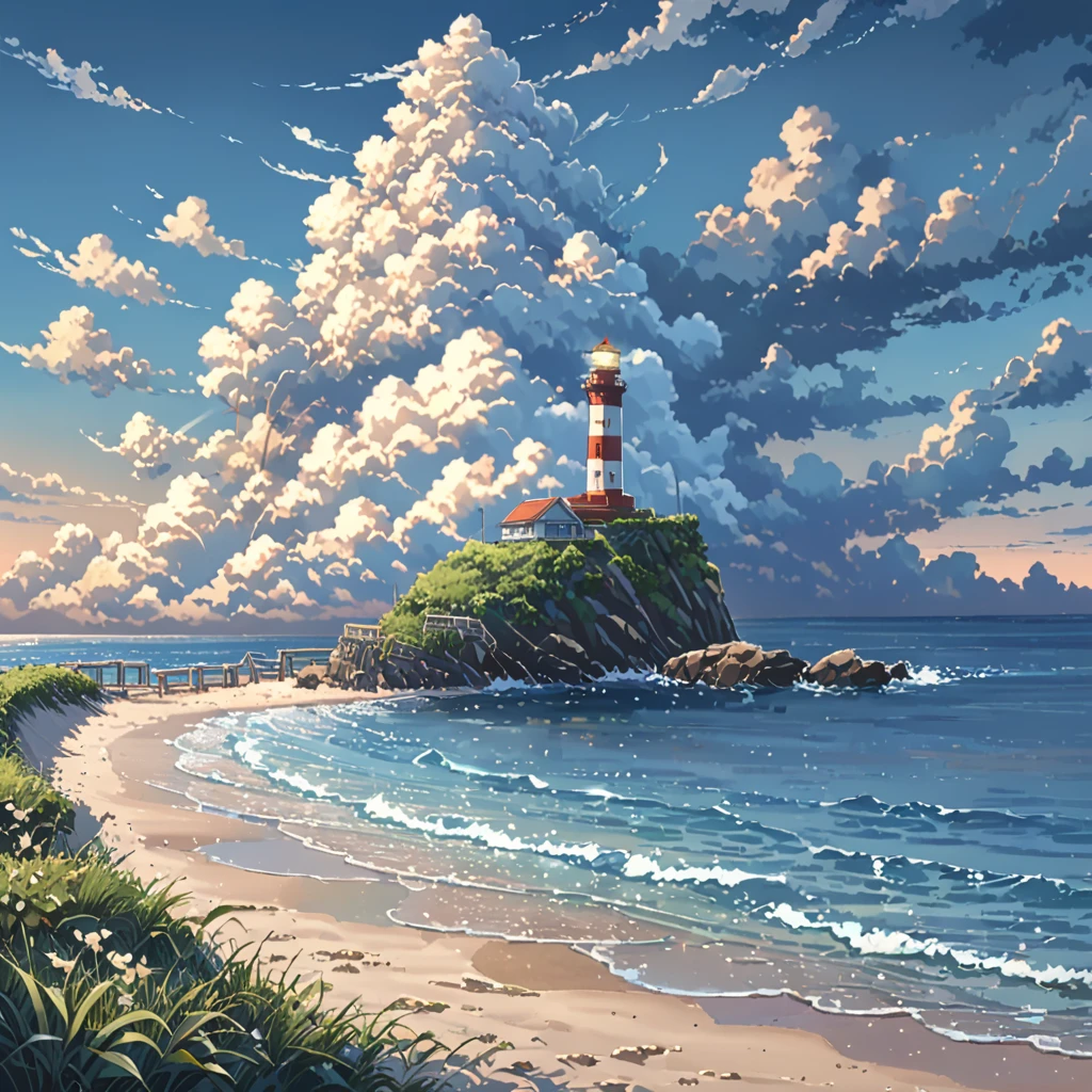 ((anime:1.4,illustration)),(masterpiece, top quality, best quality),(ultra-detailed, absolutely resolution),((16k, high res)), (((seaside, sand flowers, blue sky, cumulonimbus clouds, evening, breakwater, lighthouse))), ((anime:1.4,illustration)),(masterpiece, top quality, best quality),(ultra-detailed, absolutely resolution),((16k, high res)). BREAK {lofi art, style of Laurie Greasley, style of Makoto Shinkai, anime aesthetic}, BREAK { (produces images with information than 40 million pixels with cinematic-like detailed textures shot on a Sony SLR).}