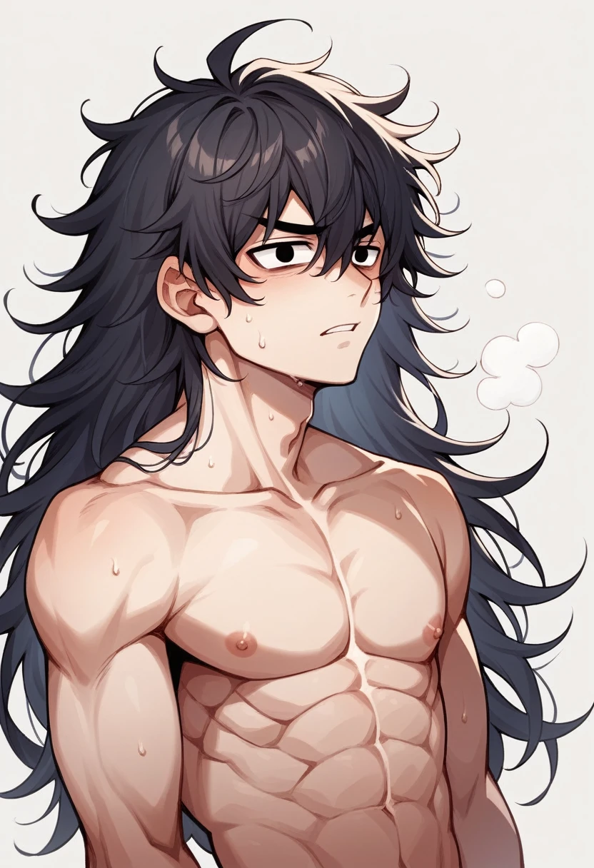 A young man of 25 years, long hair, messy hair, black eyes, pointed chin, naked, Semen, showing his cock, sexy, sentado en un trono, sacando la lengua, expresión coqueta, sonrisa coqueta,