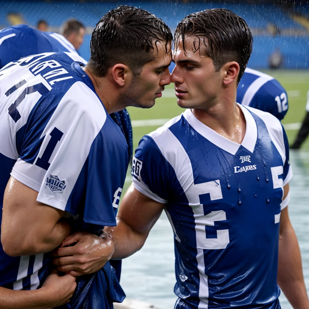 soaked twenty year old men wearing wet football jerseys with soaked hair wearing soaked uniforms. several men in soaked jereseys pour buckets of water over them. Wet shirts. Wetlook. Sensual. Kissing. Homosexual. Wet clothes. Wetlook.